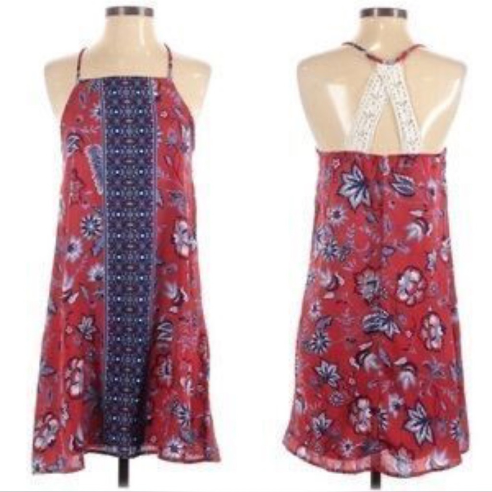 NWT Francesca’s Blue Rain Boho Floral A-line Red Bandana Dress Size Large 12 New